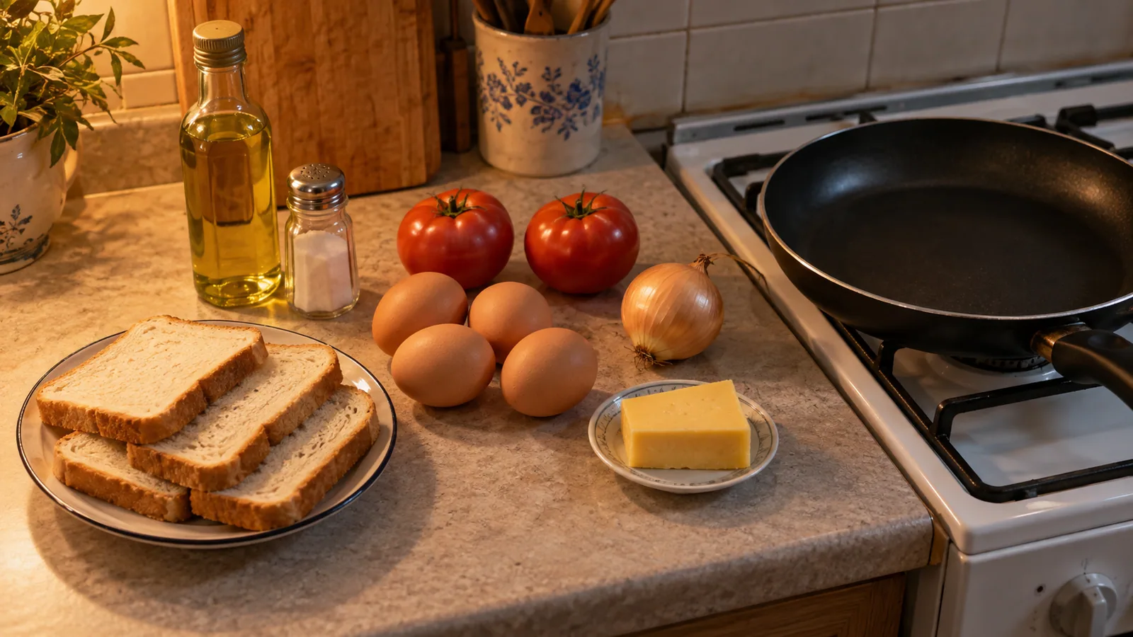 Продукты из учебного примера: яйца, помидоры, луковица, сыр, хлеб, масло и соль рядом со сковородой