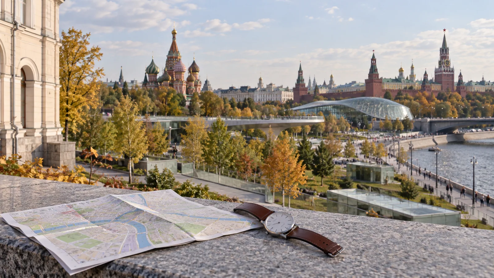 Условная иллюстрация прогулки по центру Москвы с картой и часами
